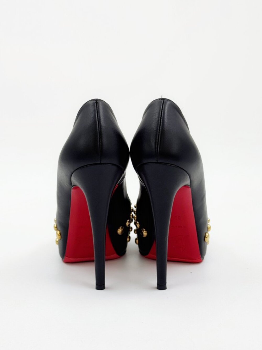 Christian Louboutin Black Leather Gold Stud Peep Toe Platform Pumps - Picture 3 of 6